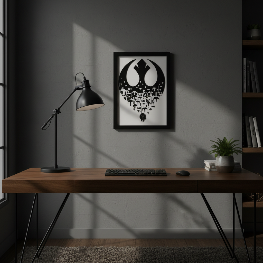 Sparks of Rebellion shadow box hung on a dark grey feature wall above a home office desk