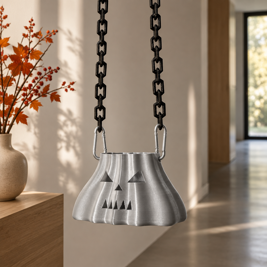 Silver-gray ribbed pumpkin bag displayed by its attached black chains in a modern hallway