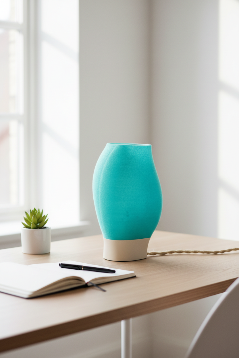 Flow Organica lamp on minimal Scandinavian desk with notebook and succulent