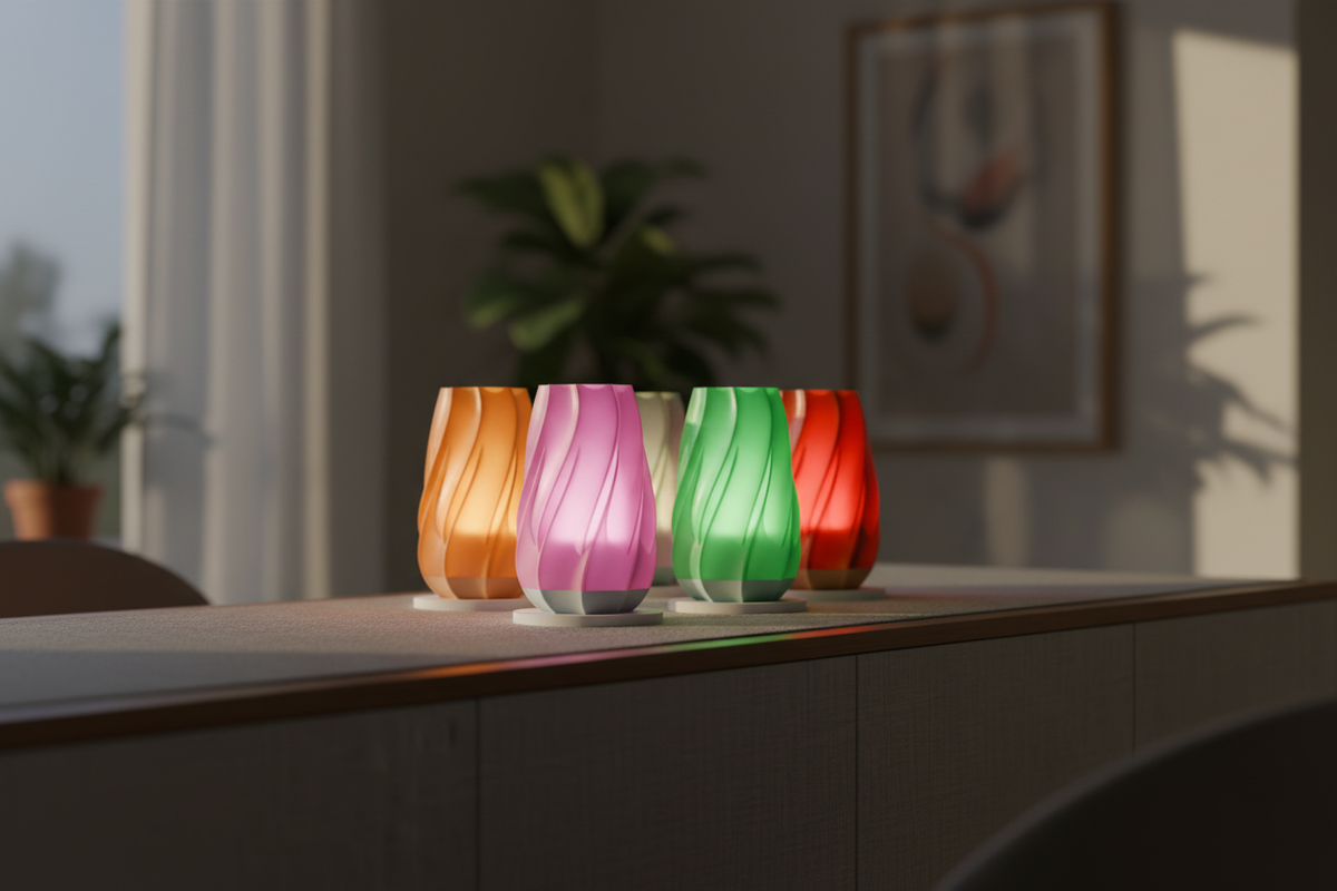Four Twisted Glow Table Lamps orange pink green red translucent twist-fin bodies glowing different colours white bases pale linen sideboard contemporary interior editorial wide
