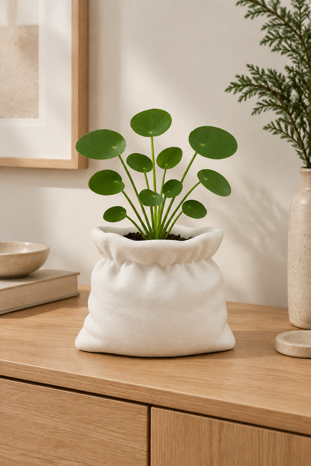 White sack planter with a small green plant on a natural-wood sideboard
