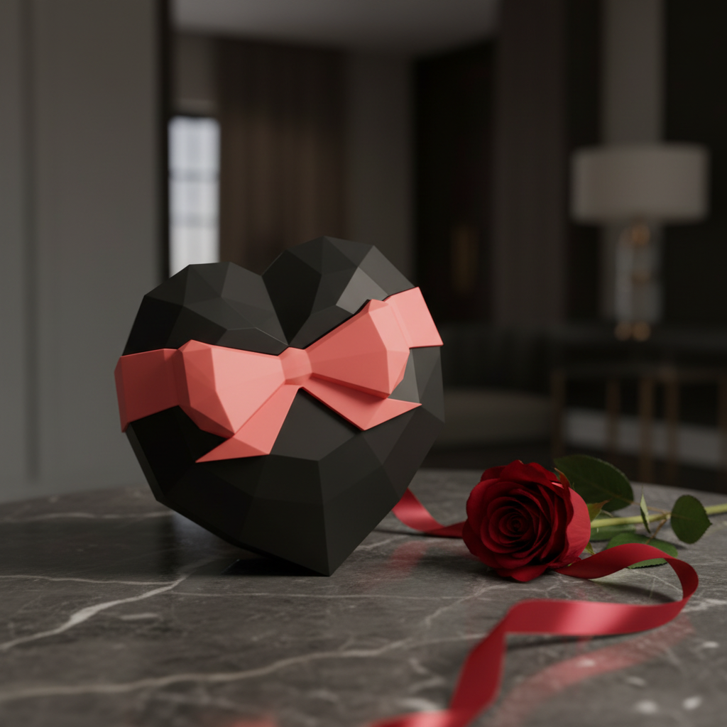 Low-Polygon Heart-Shaped Gift Box in black — on dark marble surface with single red rose and ribbon, luxury gift setting