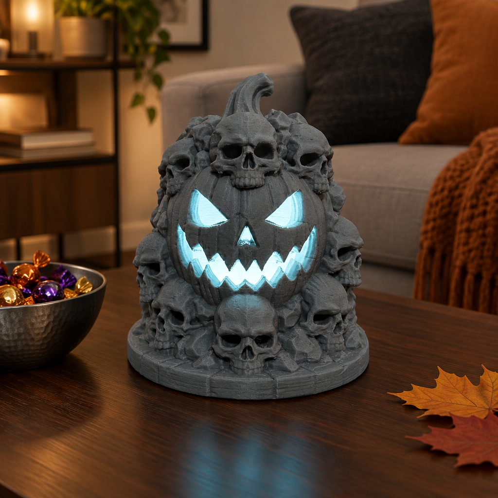 Grey Skull Mountain tealight holder styled on a modern living-room coffee table with wrapped sweets