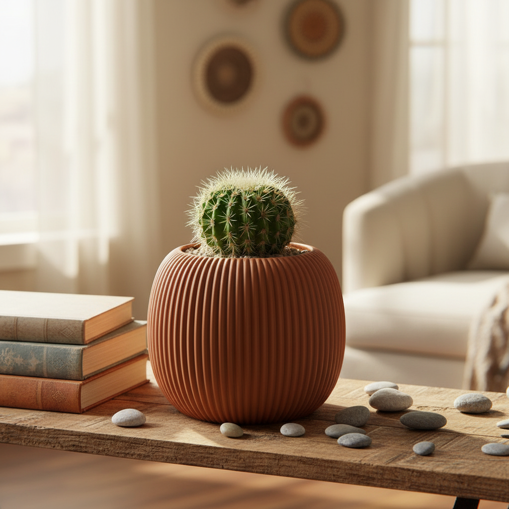 Terracotta brown Ribbed Harmony Planter with a cactus on a rustic boho shelf with golden hour light