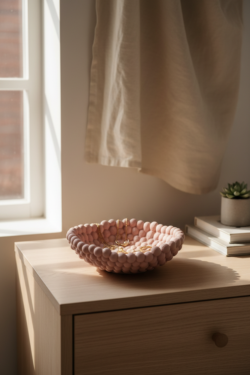 Pink sea anemone bowl on bedroom dresser holding gold jewellery