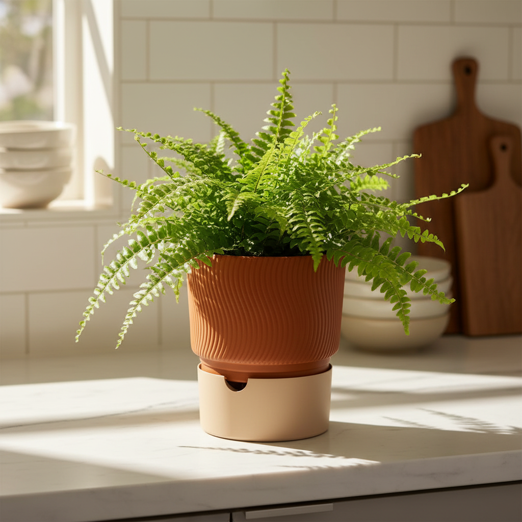 Terracotta brown ribbed self-watering planter with fern on a marble kitchen counter