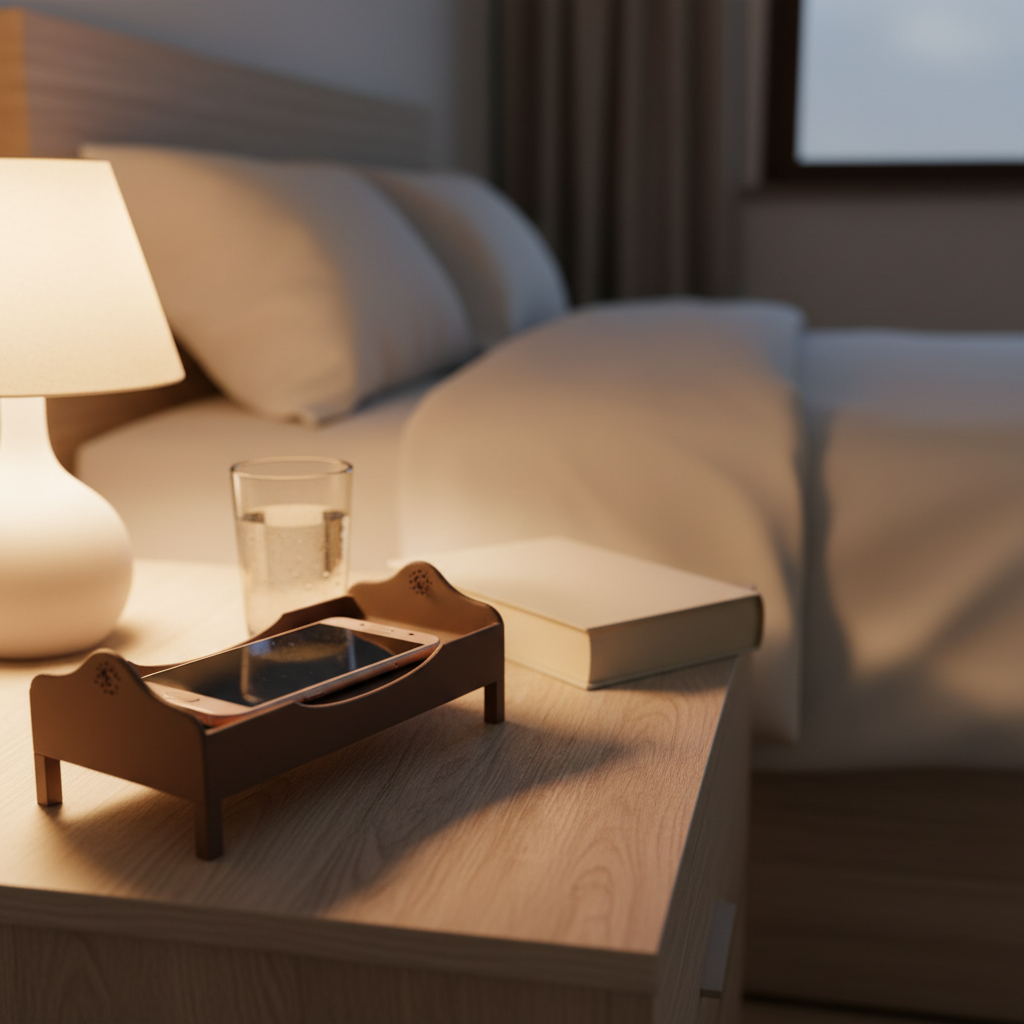 Smartphone Bed on a wooden bedside table beside a lamp book and glass of water in a cosy bedroom