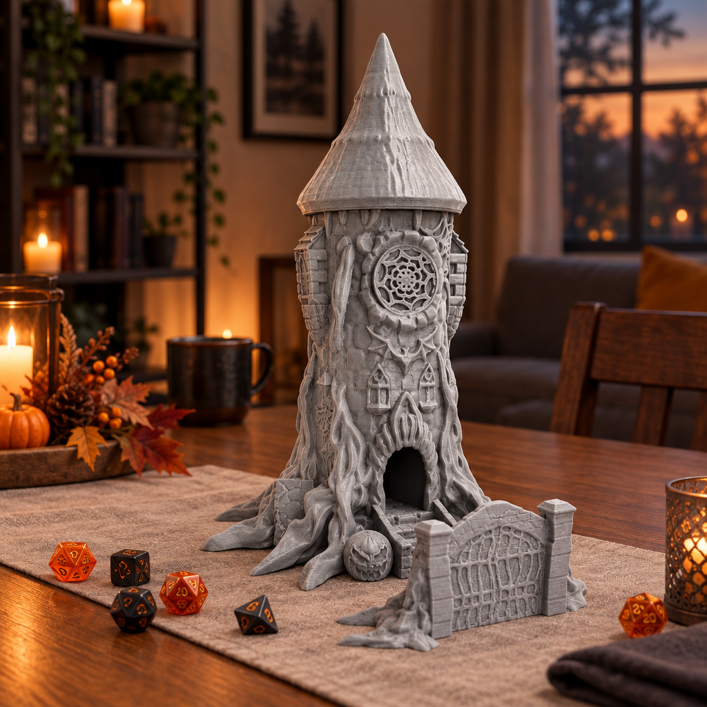 Halloween dice tower and matching gate set out on a home gaming table