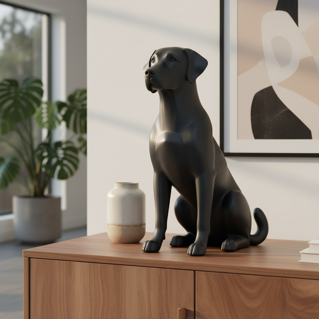 Matte black Labrador statue on a walnut sideboard with a ceramic vase and framed art
