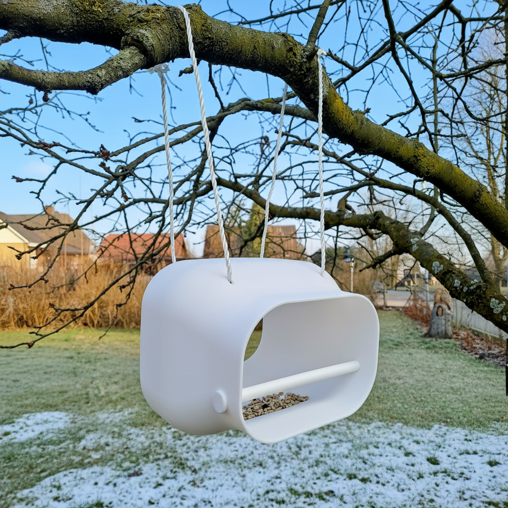 Close-up of bird feeding station on bare winter branch with seeds inside