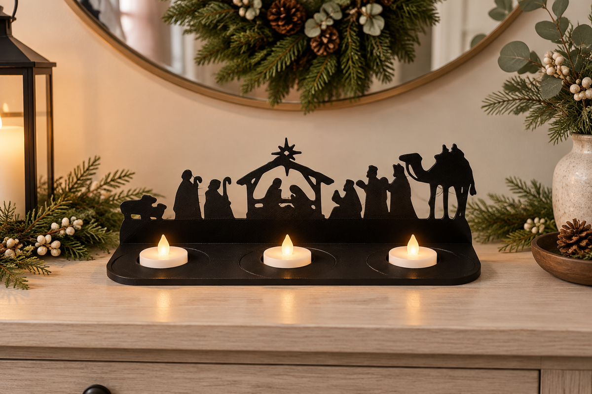 Nativity scene tealight holder on a festive entryway console.