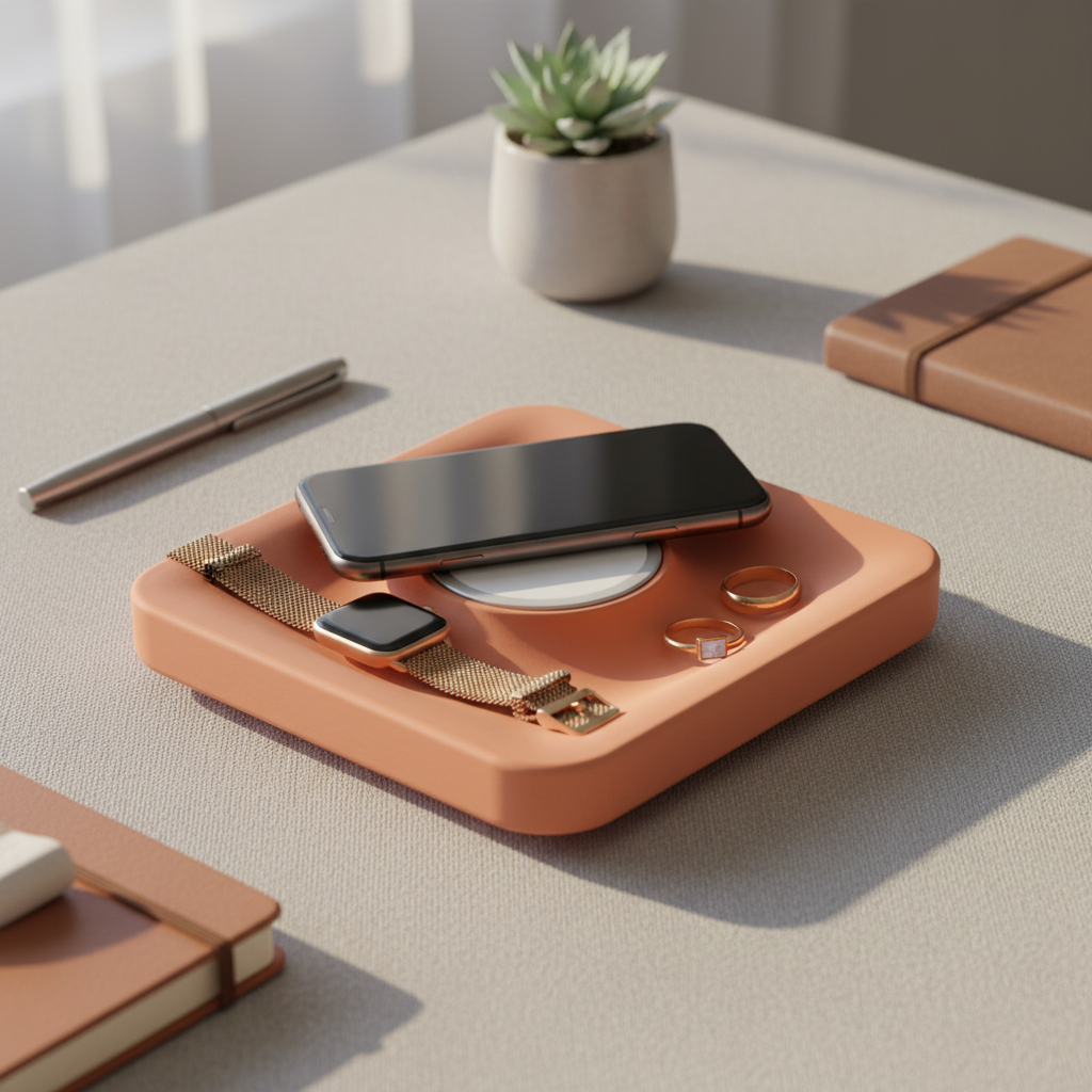 Terracotta tray with iPhone on linen office desk - lifestyle