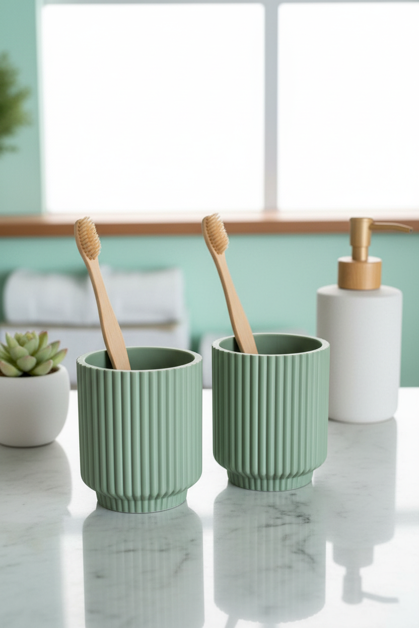 Sage green ribbed toothbrush cup set on marble counter with bamboo toothbrushes, succulent and soap dispenser