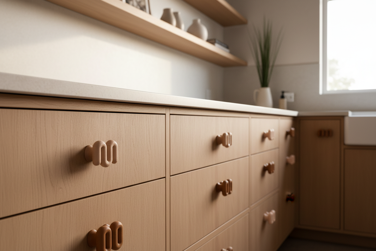Beige and brown wibble handles across kitchen drawers - lifestyle