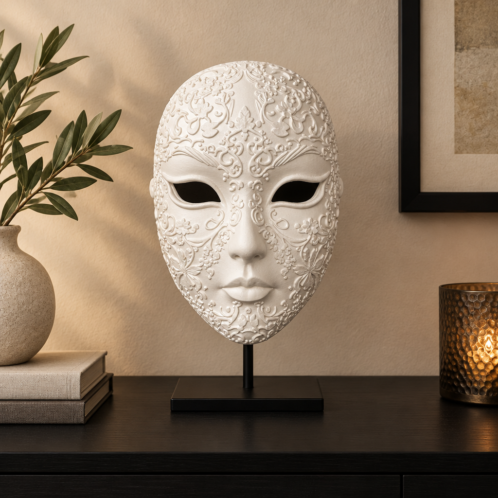 Ornate white decorative mask displayed on a black console table