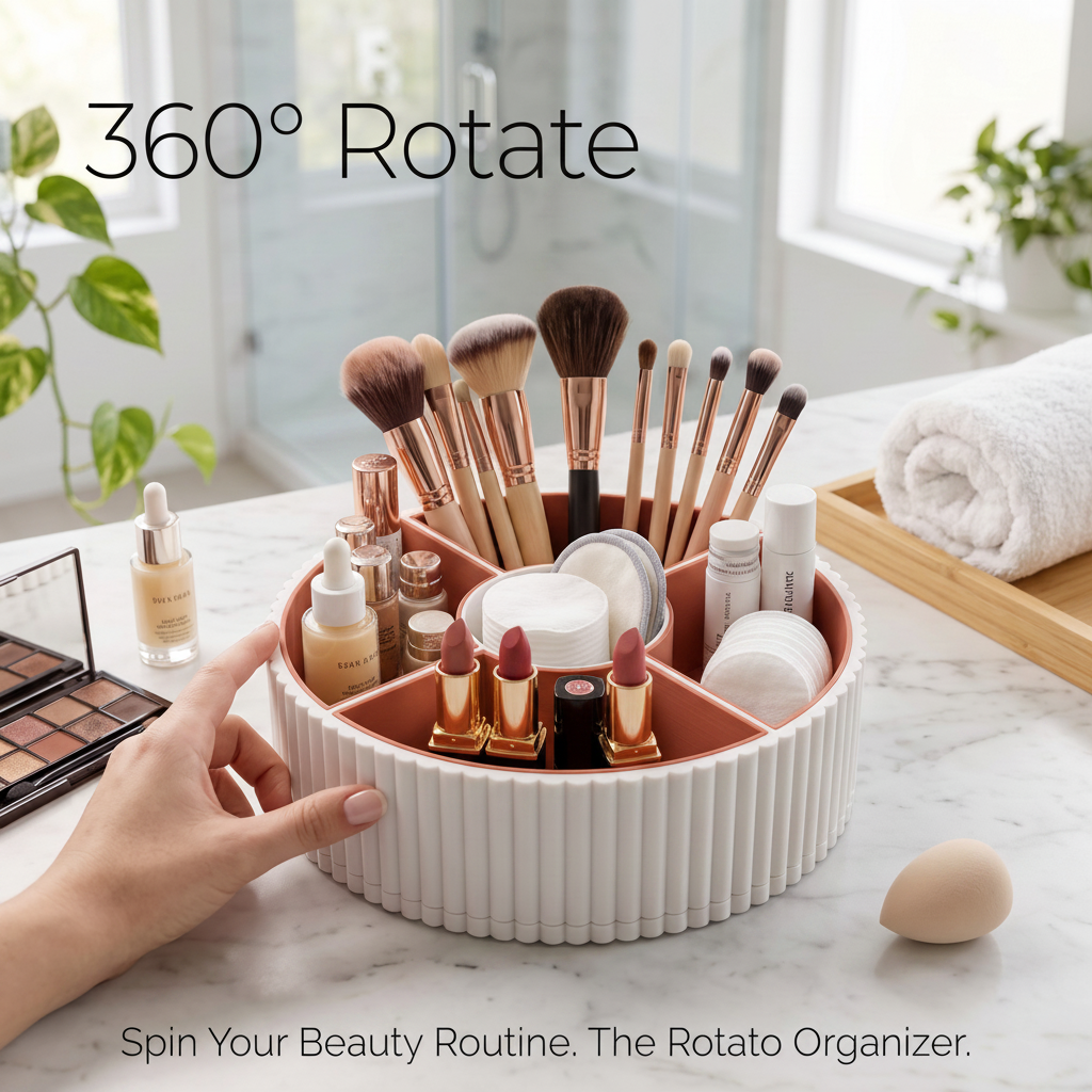 360-Degree Rotatable Ribbed Multi-Tray used as makeup organiser on a marble bathroom vanity with gold taps