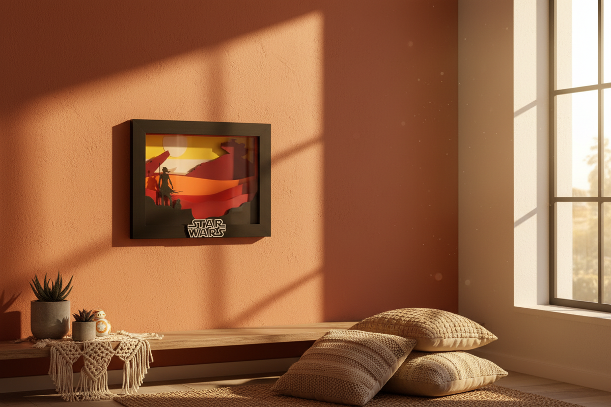 Star Wars Jakku Shadow Box hung on a warm terracotta feature wall with golden hour sunlight