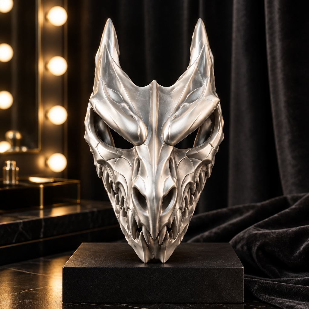 Silver Dragon Skull mask displayed in a theatre dressing room, strap not included