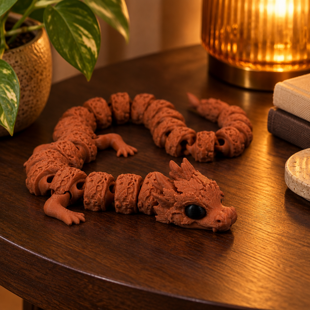 Autumn dragon on dark wooden side table