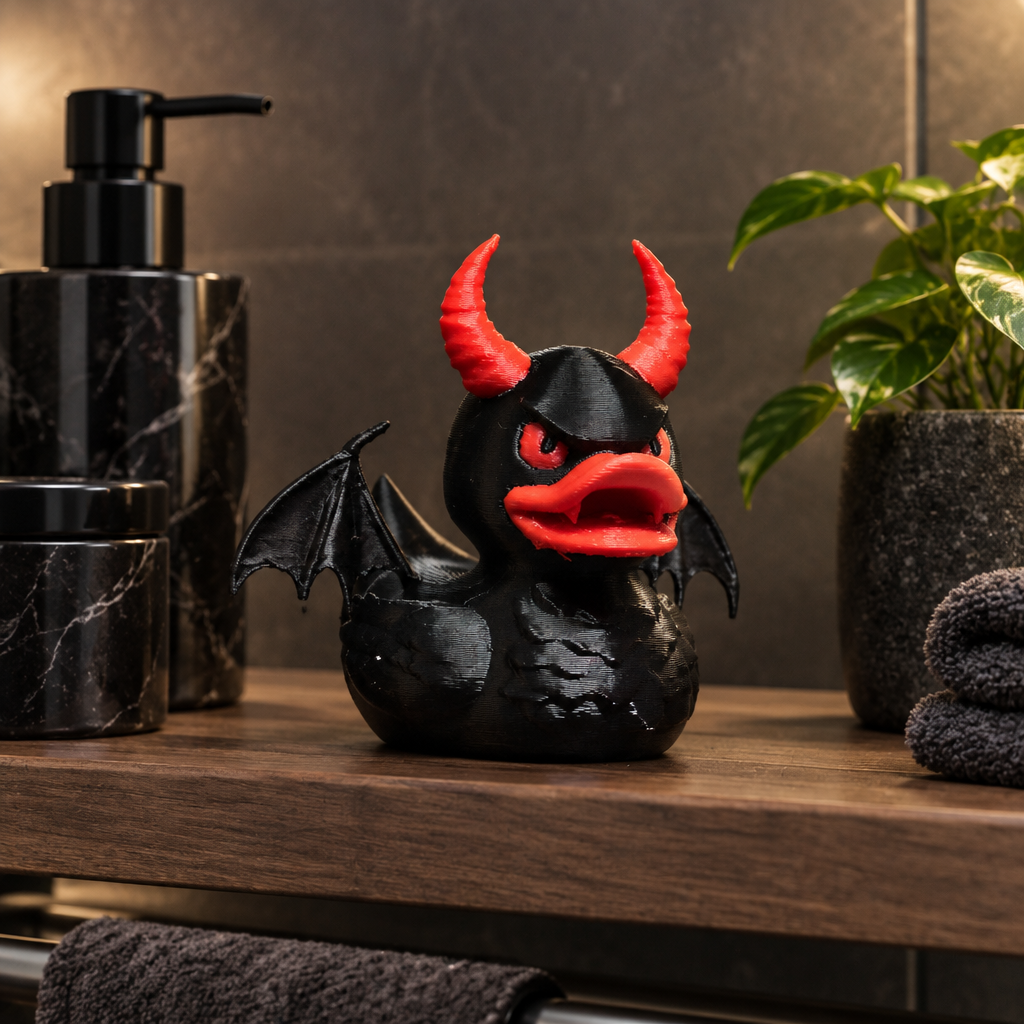 Black-and-red devil bath duck styled on a minimalist bathroom shelf