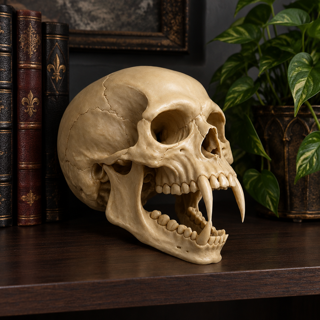 Pale cracked vampire skull with fangs resting directly on a dark shelf
