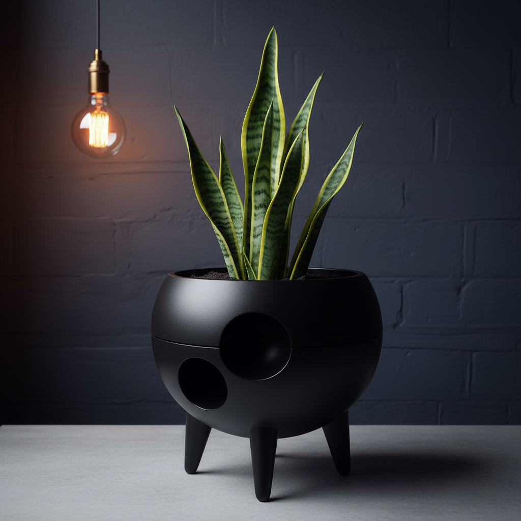 Matte black Spaced-Out planter with a snake plant on a concrete desk with Edison bulb lighting