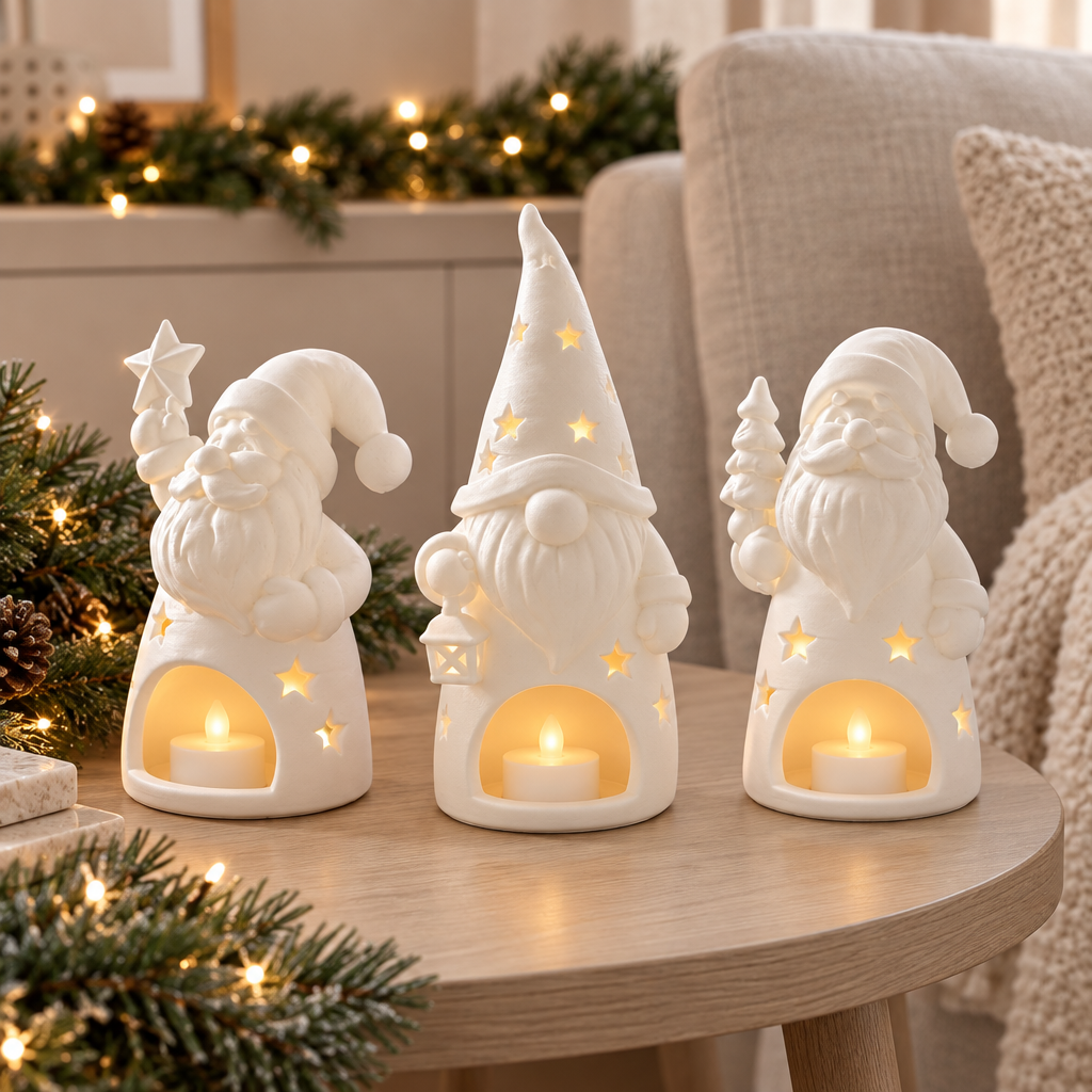 The trio of Santa gnome tealight holders displayed on a side table beside a sofa
