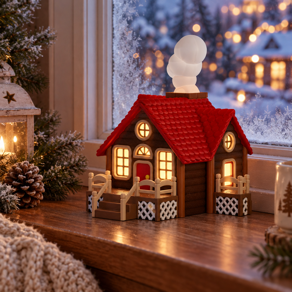 Log cabin tealight holder beside a softly frosted window