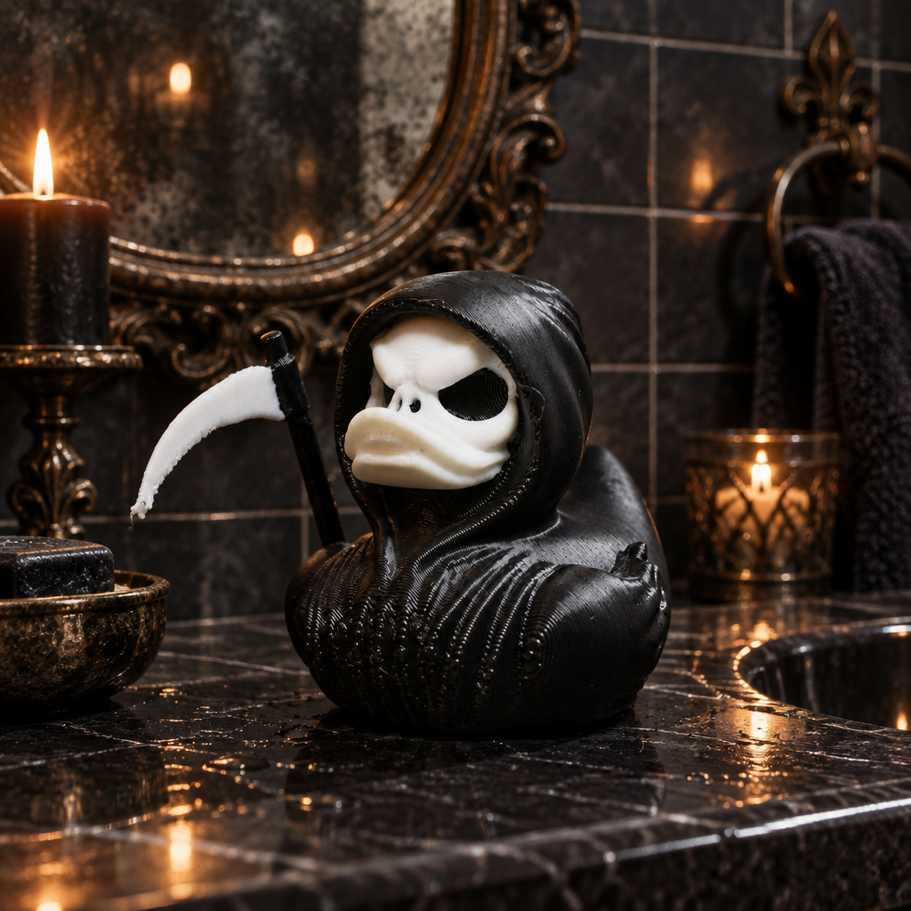 Grim Reaper bath duck in an elegant dark-tiled gothic bathroom
