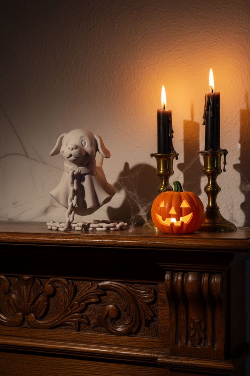 Ghost dog miniature figurine unpainted resin sad puppy face floppy ears dark oak mantelpiece black candles cobwebs glowing pumpkin Halloween candlelight interior portrait