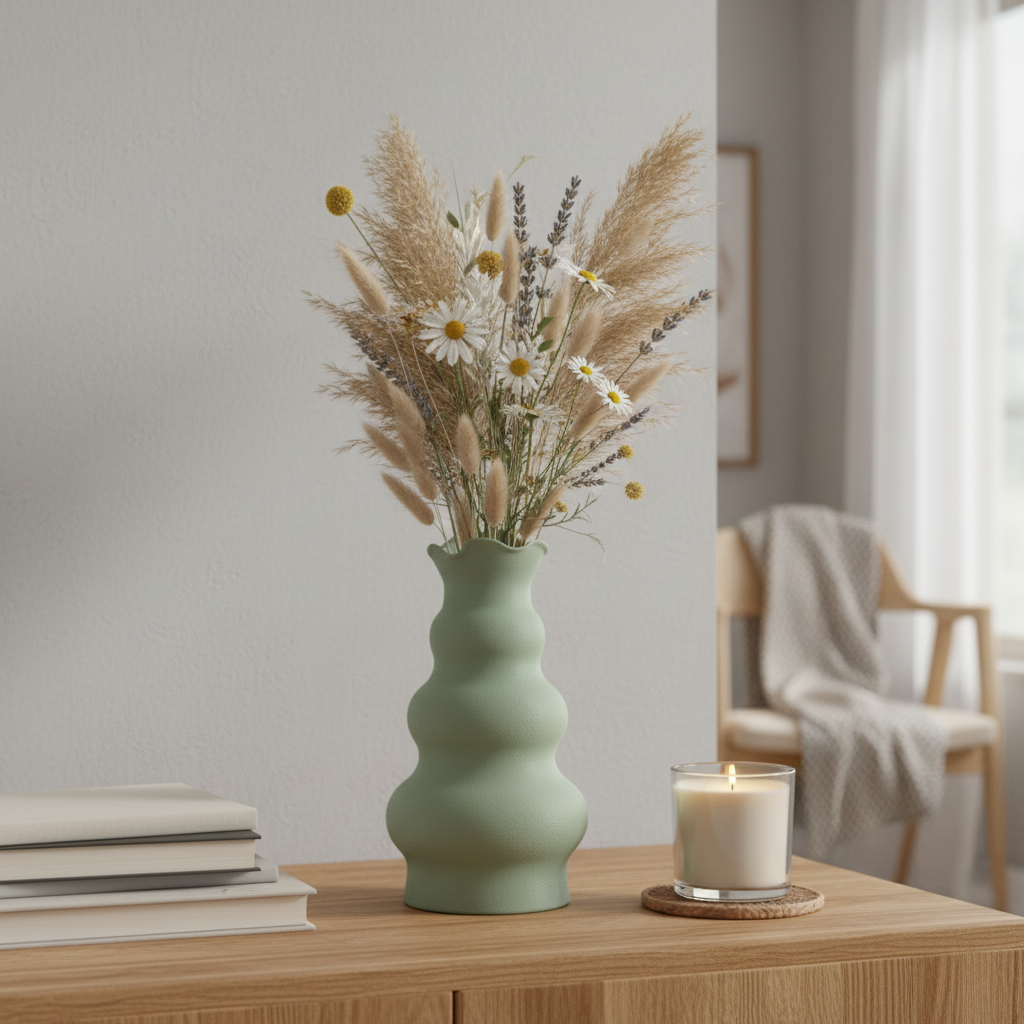 Sage green tulip-inspired vase with dried pampas grass on a wooden sideboard in a Scandinavian interior