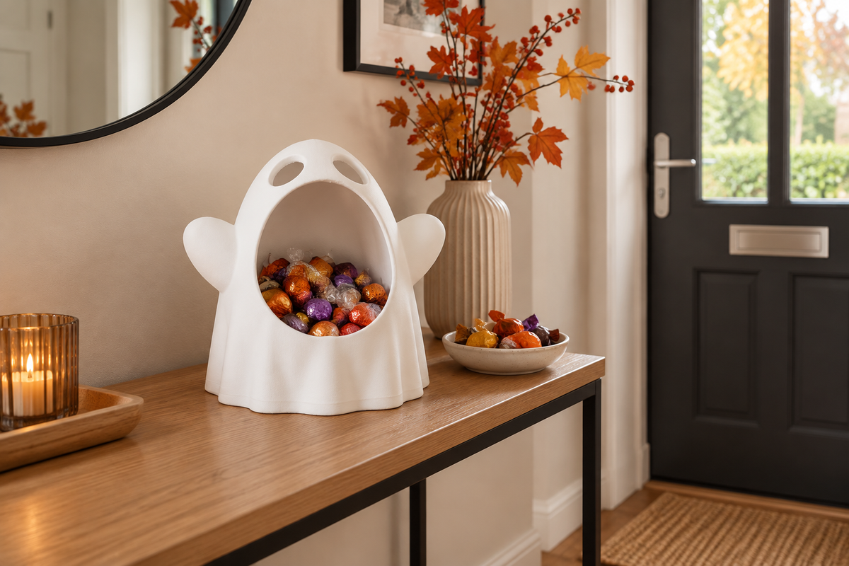 White wide-mouthed ghost sweet bowl filled with candy on a front-entry side table
