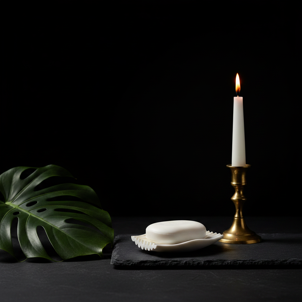 White ripple soap dish on dark slate with brass candlestick moody contemporary bathroom lifestyle