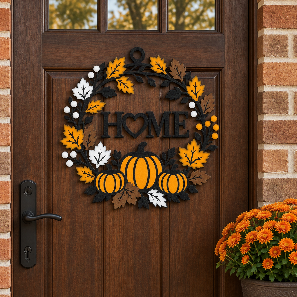 Halloween wreath with HOME lettering and autumn pumpkins on a wooden front door with brick surround