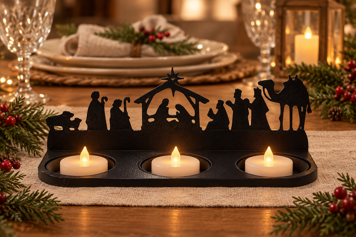 Nativity scene tealight holder styled on a Christmas table with greenery.