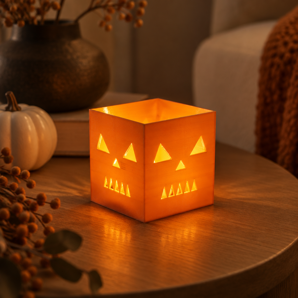 Close-up of the orange cube pumpkin holder glowing with a flameless LED tealight