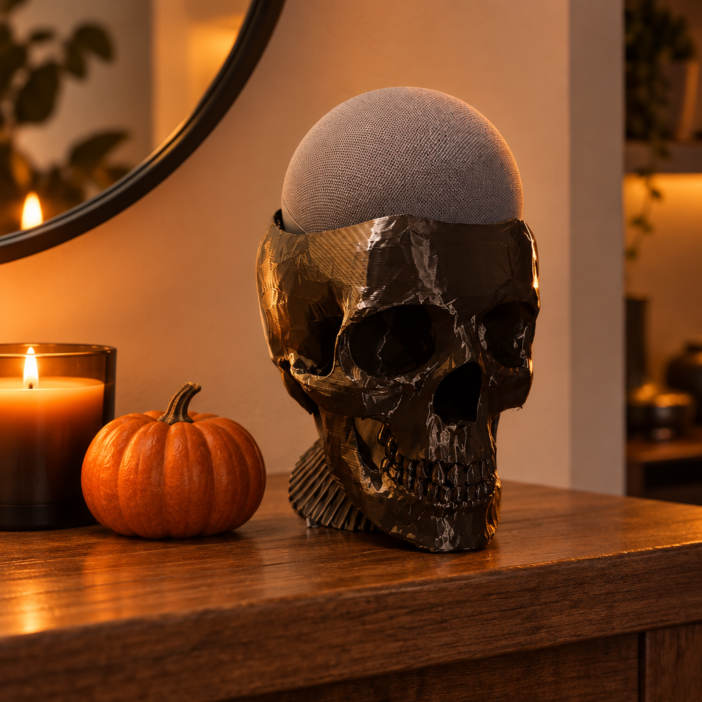 Large glossy black skull with a grey smart speaker as the dome on a mantel with pumpkins and a candle