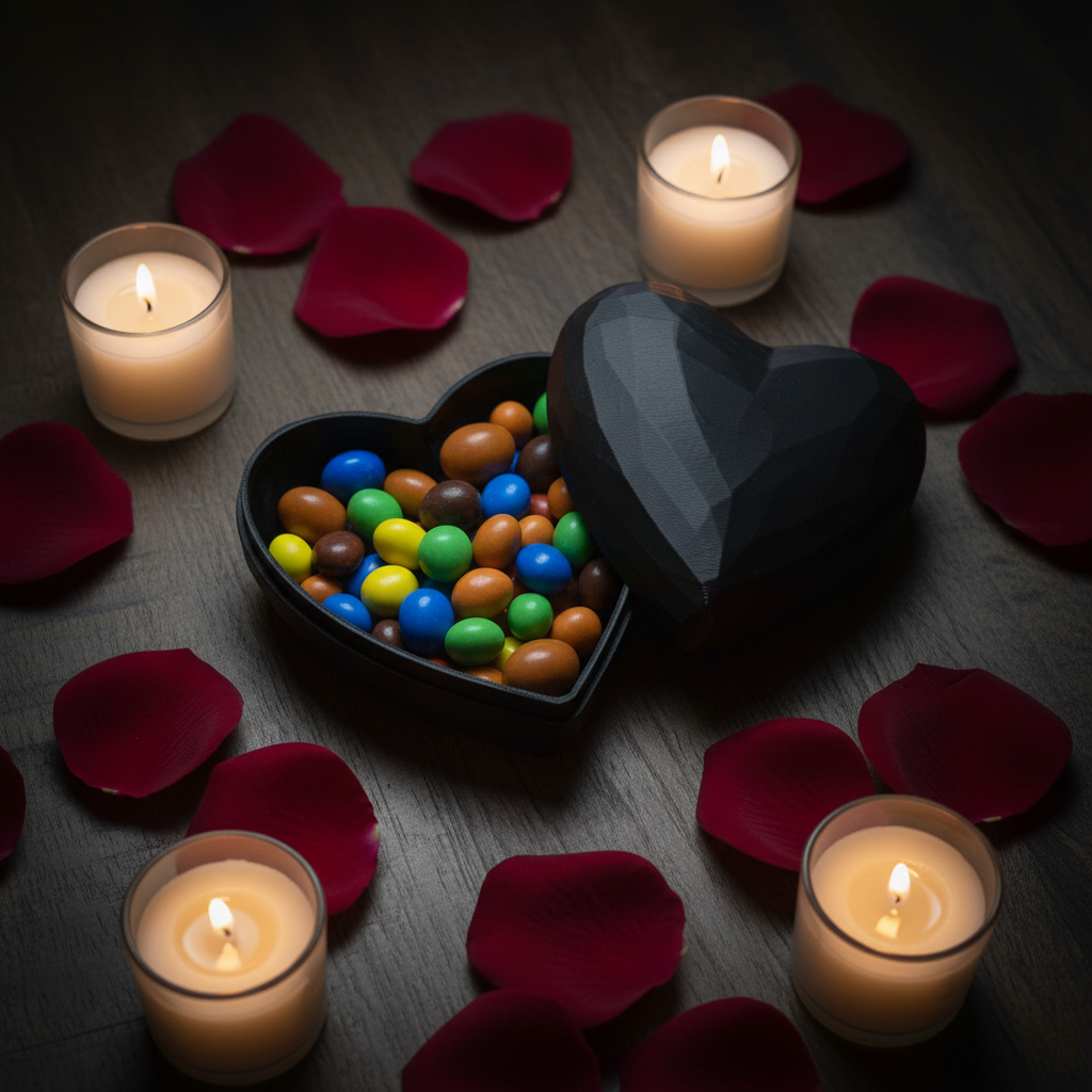 Heart-Shaped Low-Polygon Gift Box in black — open with sweets on dark moody surface with candles and rose petals
