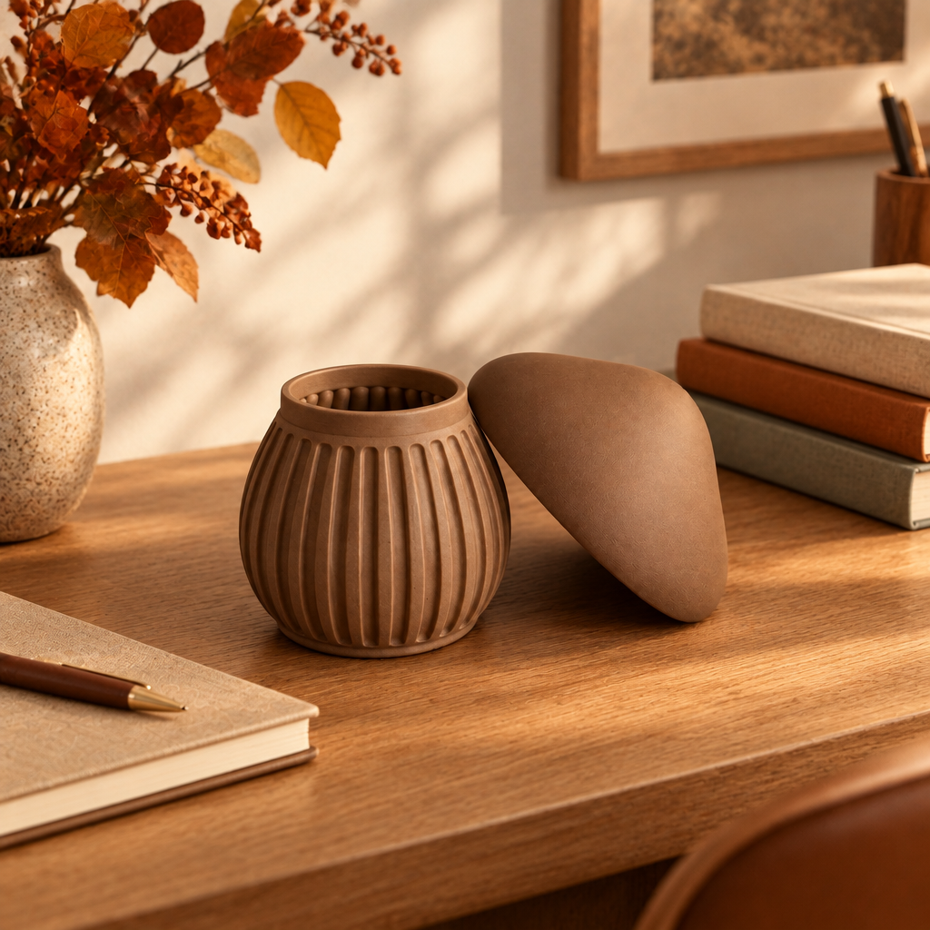 Brown ribbed mushroom container on a home office desk