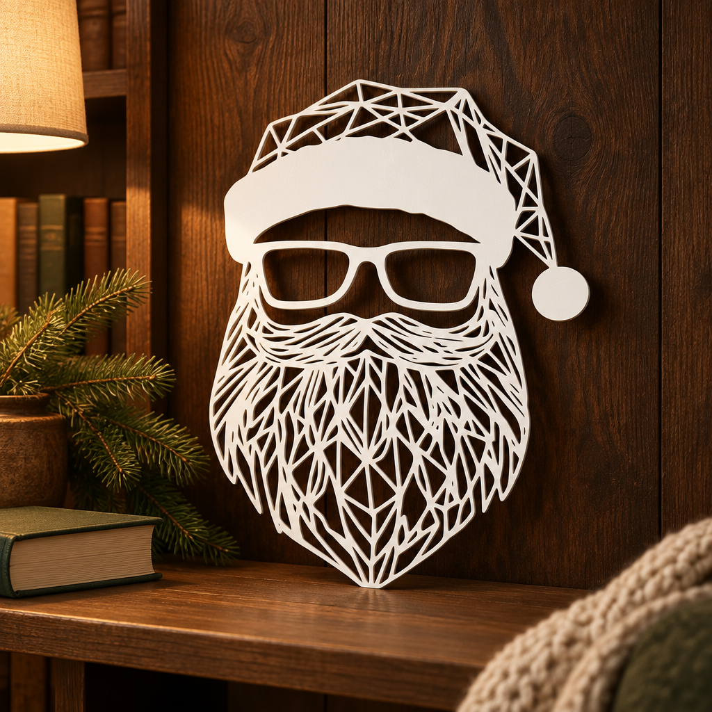 White geometric Santa sign styled on a shelf in a cosy reading nook