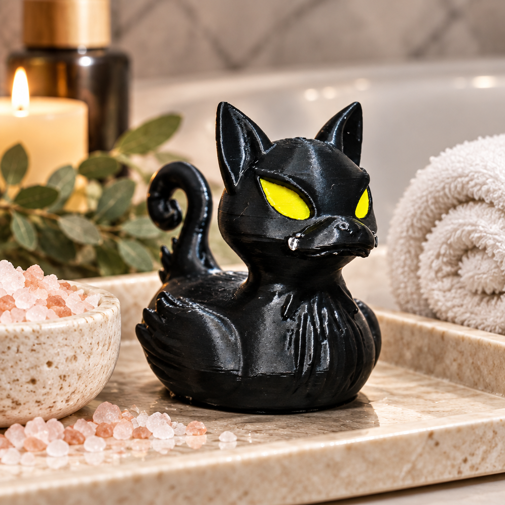 Glossy black cat bath duck styled on a pale stone tray with spa accessories