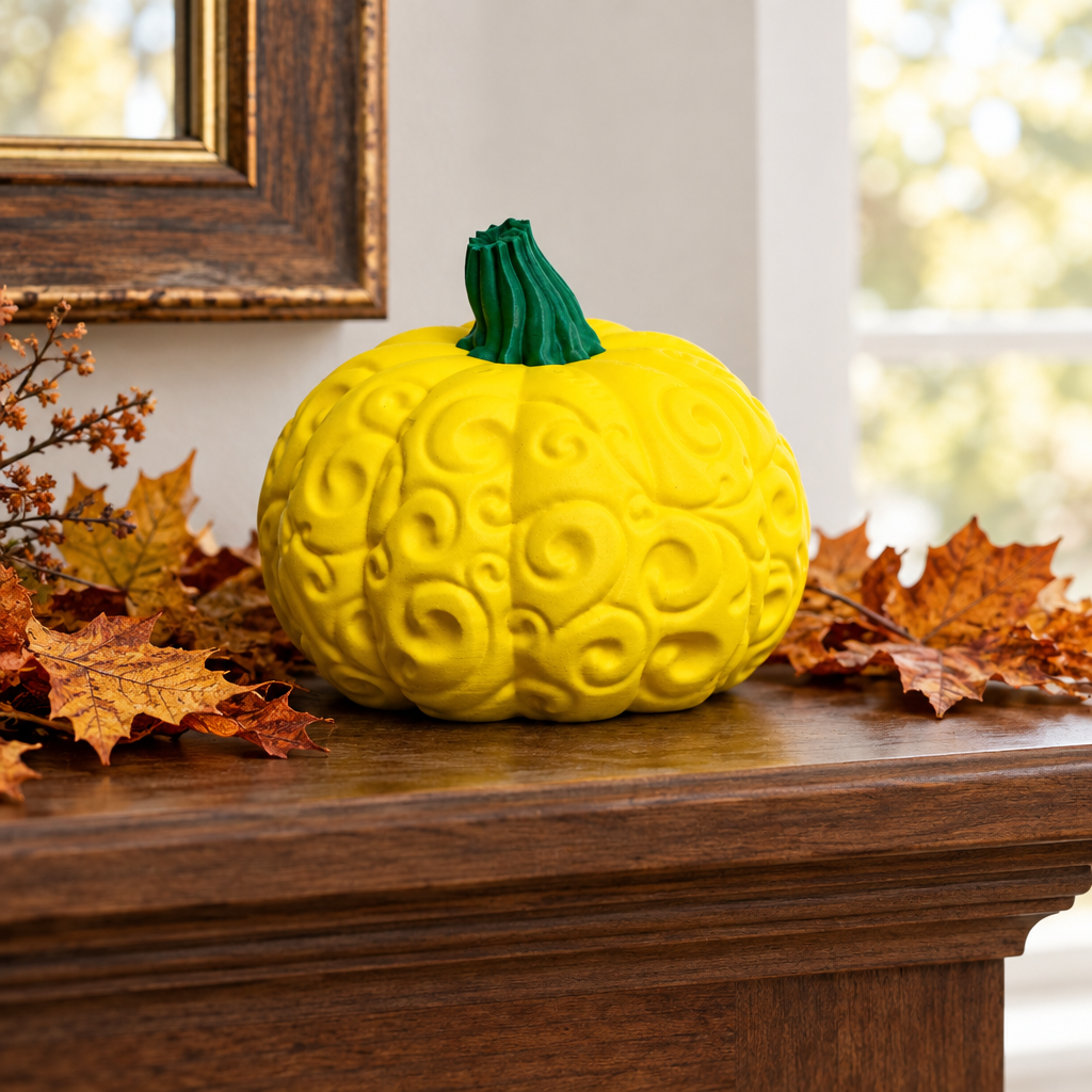 Orange swirl pumpkin on walnut mantel