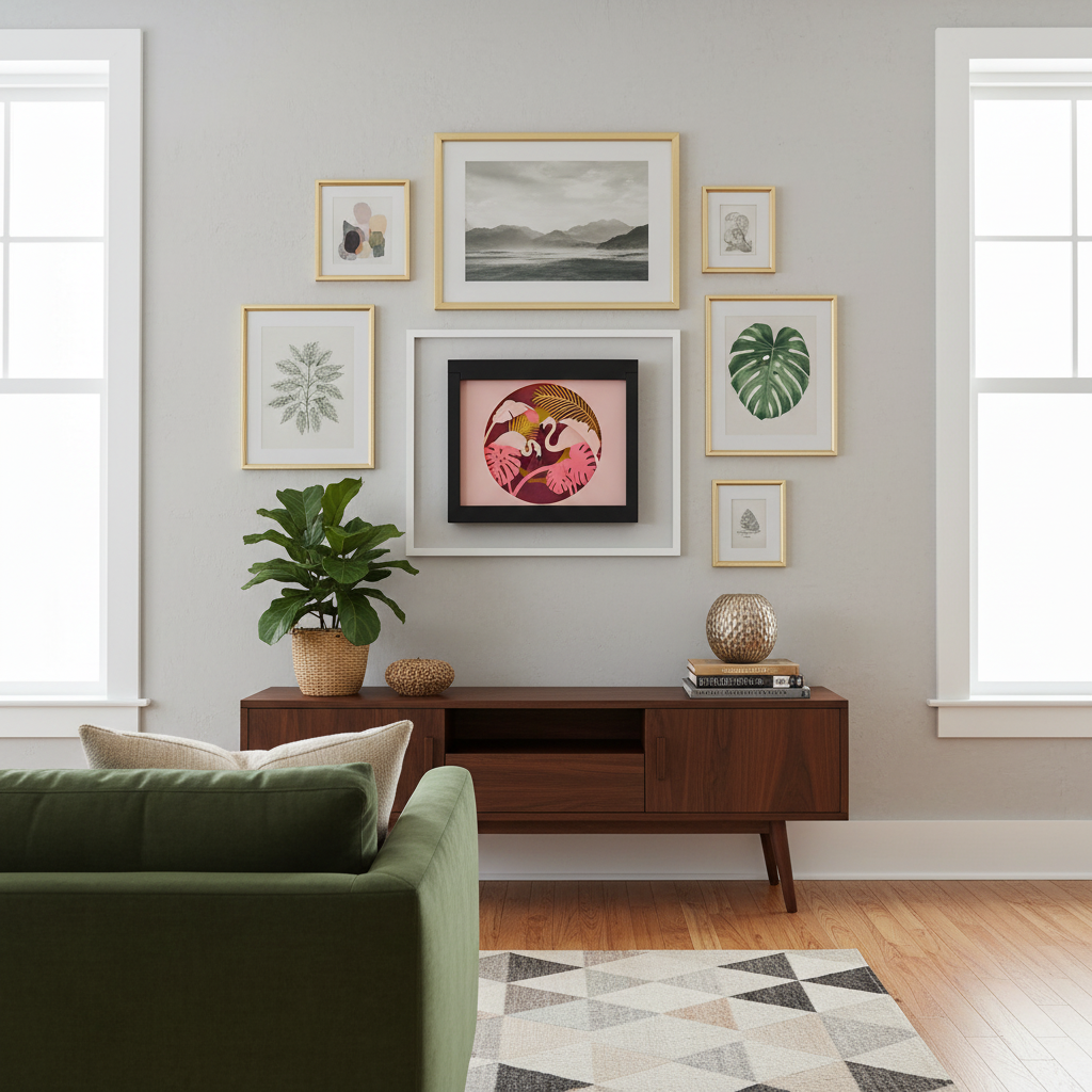 Flamingo Paradise Shadow Box displayed on a gallery wall alongside botanical prints in a chic eclectic living room