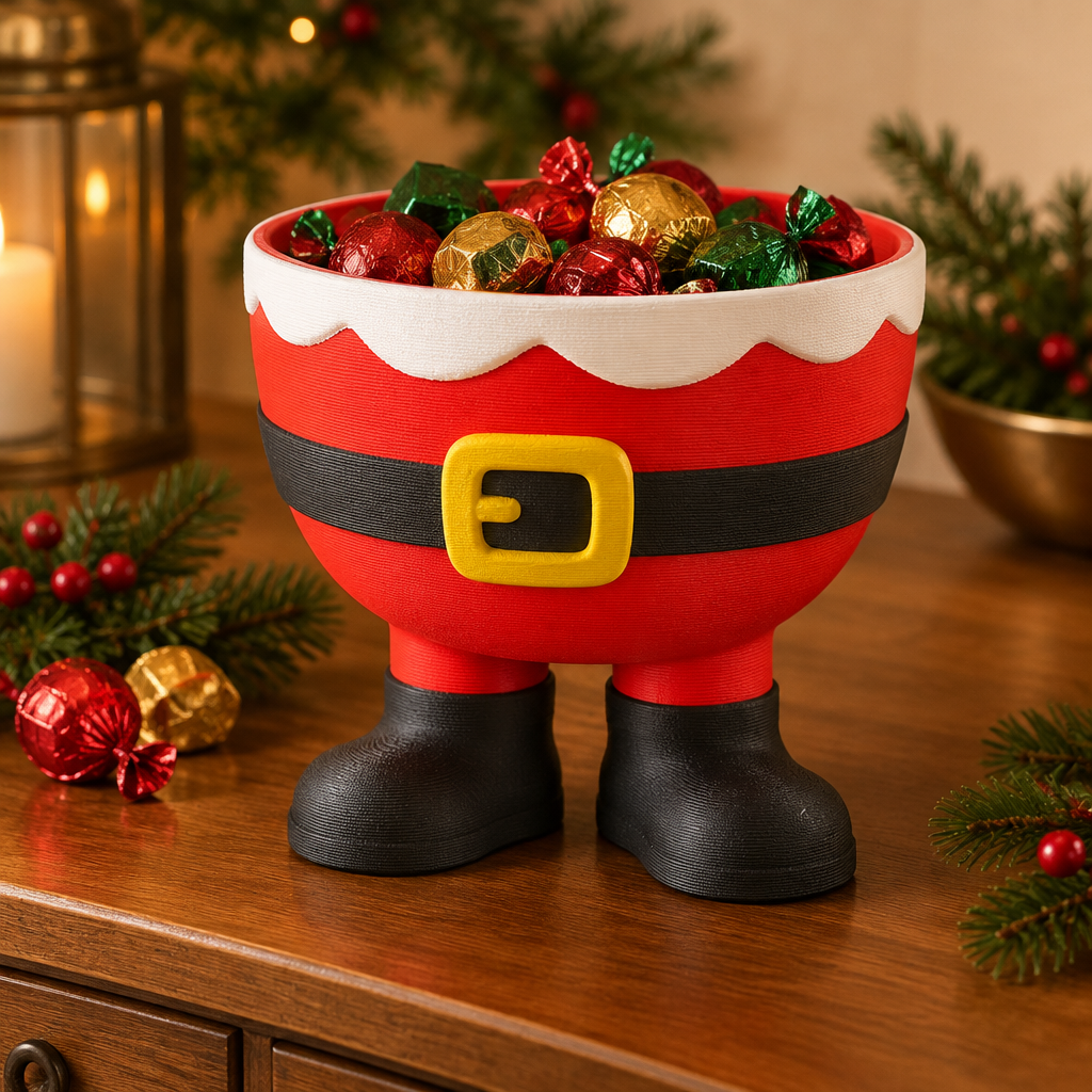 Close view of Santa bowl with gold buckle, black belt and black boots