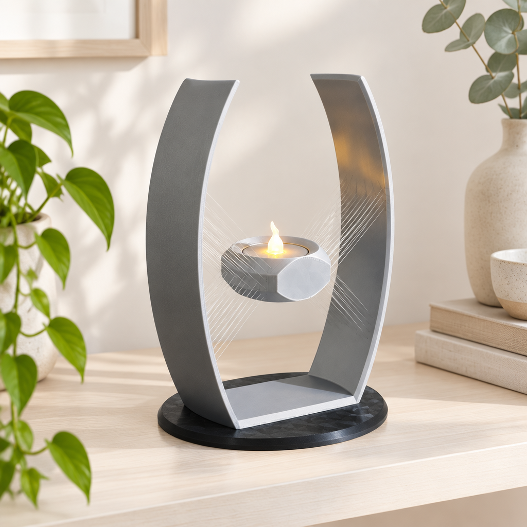 Suspended tealight holder on a bright minimalist shelf