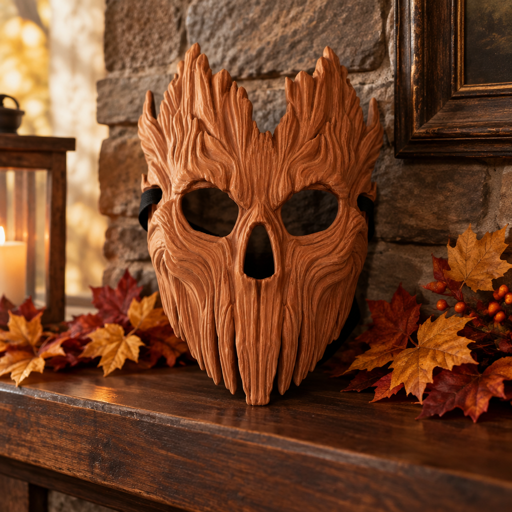 Skullbark Mask on dark wooden mantel