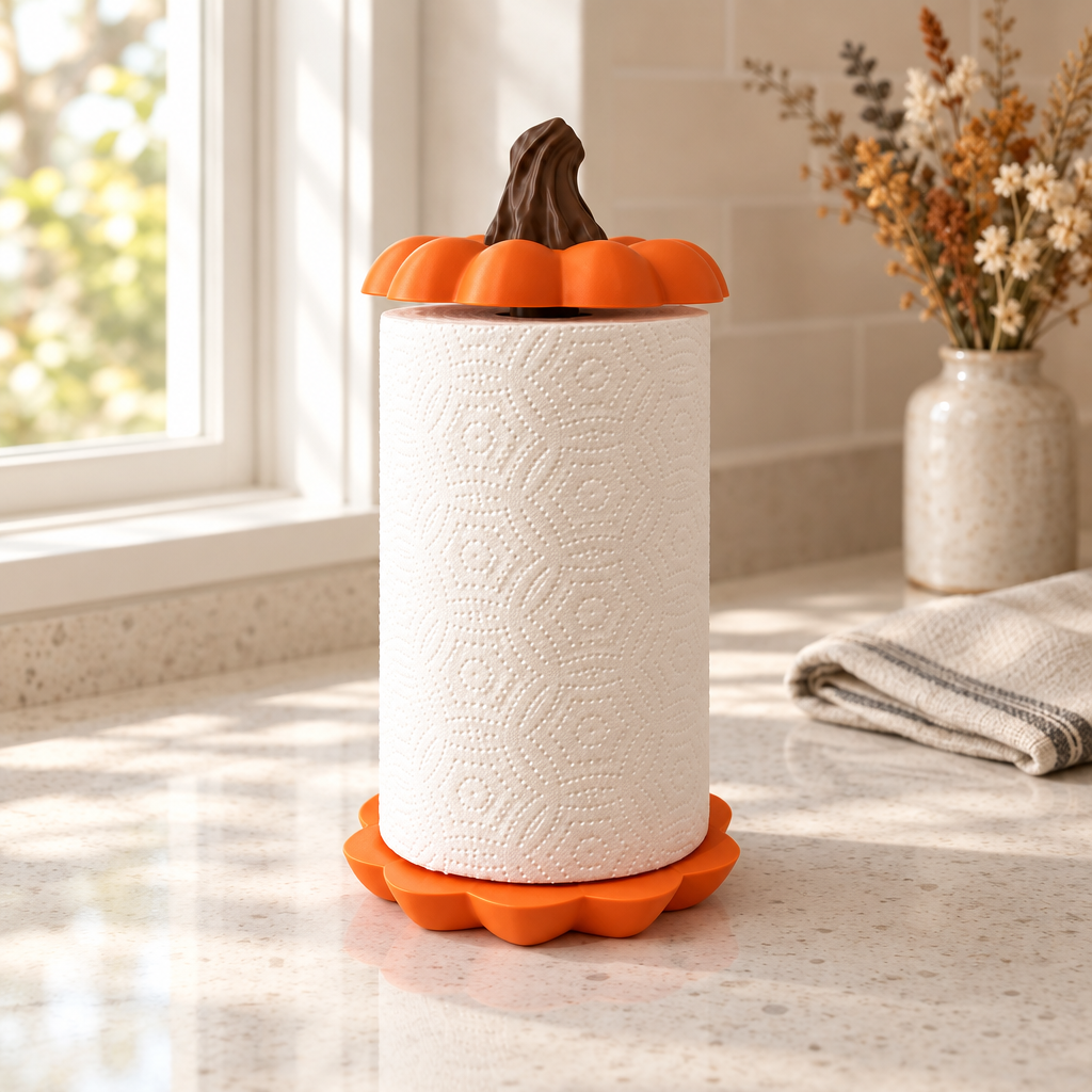 Pumpkin towel holder on a breakfast nook counter in soft window light