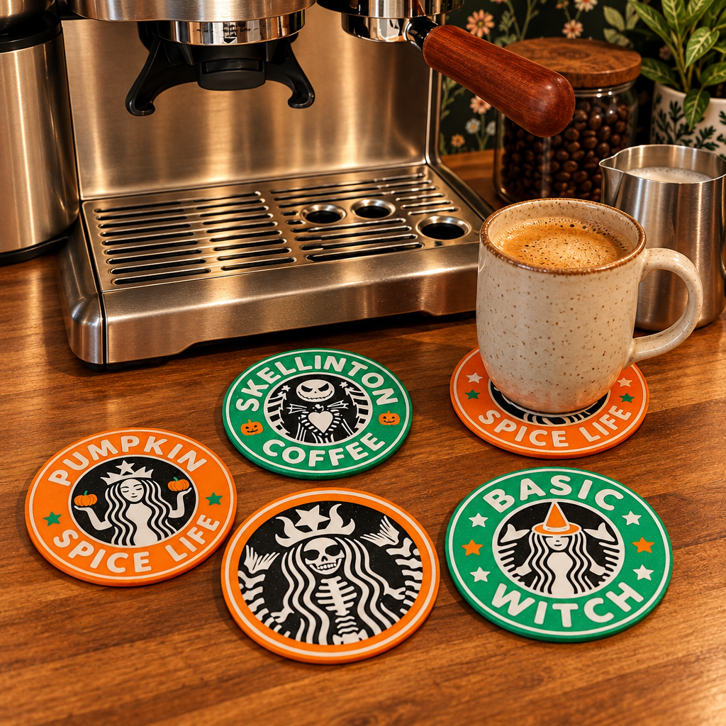 Four fully painted orange, green, black and white Halloween coasters beside an espresso machine