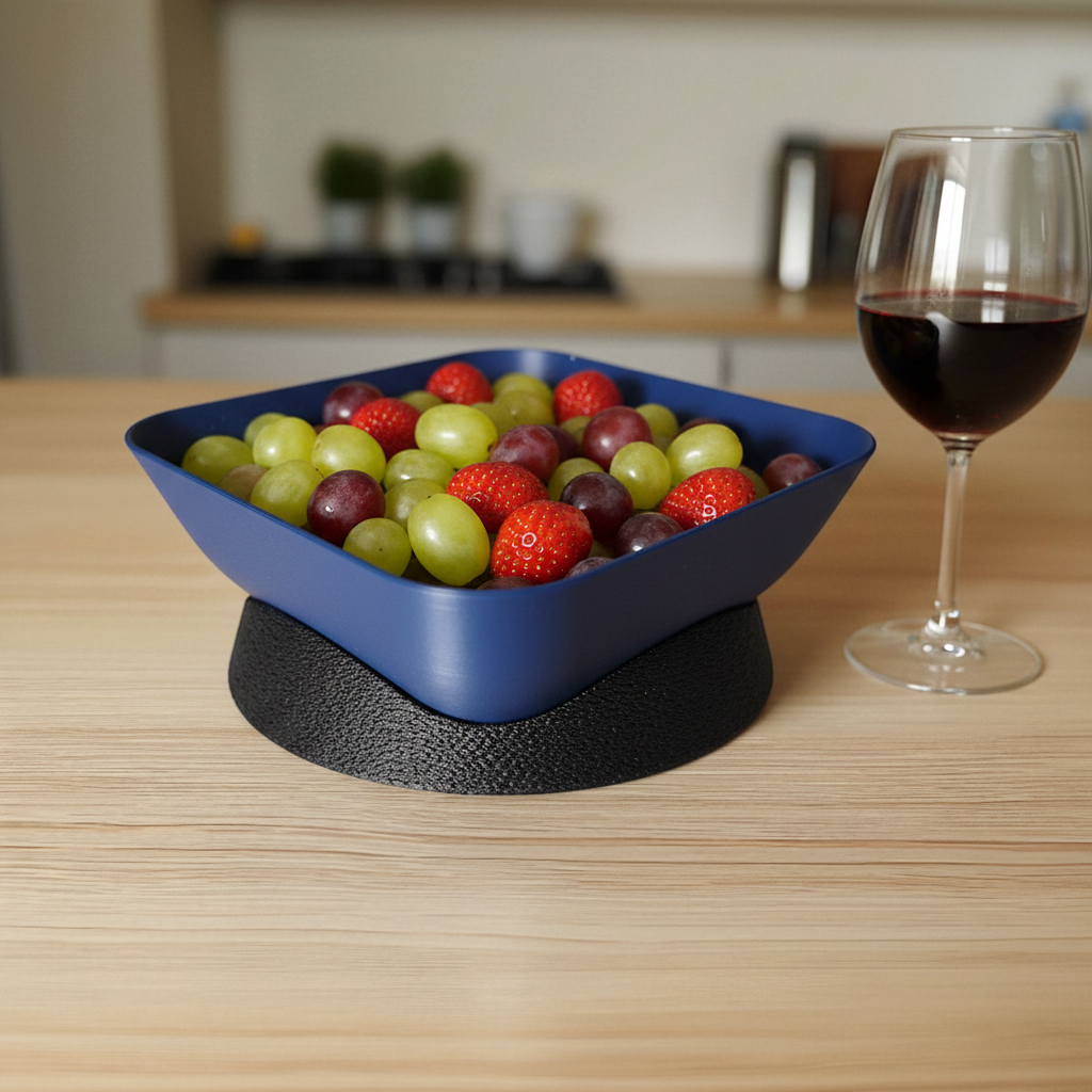 Deep blue Modern Two-Piece Snack Bowl with grapes and strawberries on a wooden kitchen counter