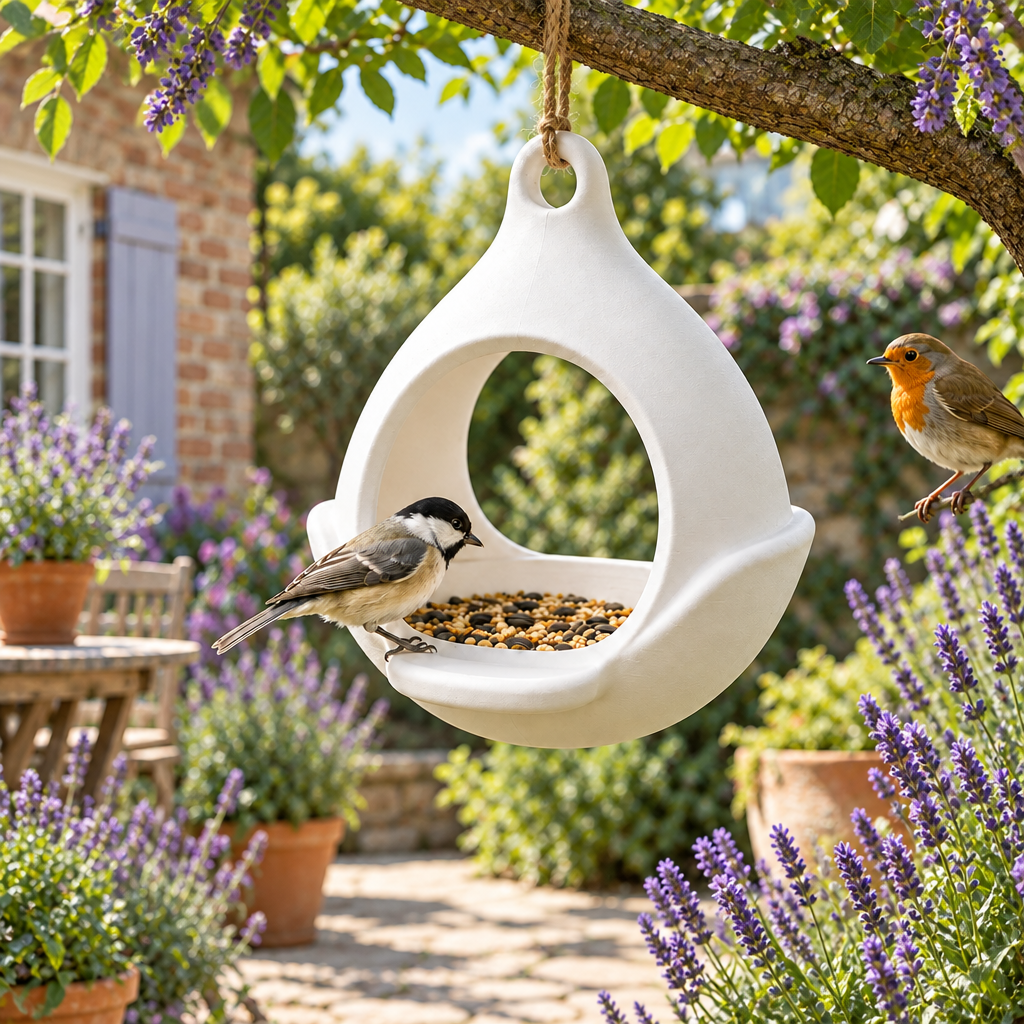 Drop feeder in lavender courtyard